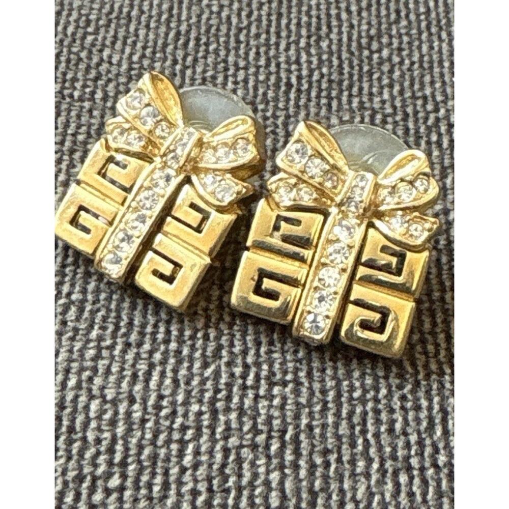 Vtg Givenchy G Logo Gift Box Earrings Rhinestone Bow Gold Tone Signed - Picture 7 of 12